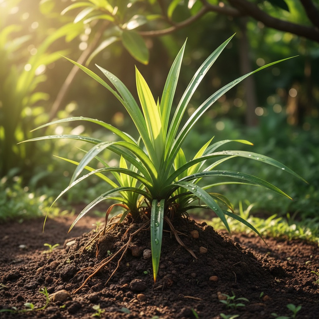 A vibrant pandan plant with long, pointed green leaves grows in a mound of dark soil under dappled sunlight.