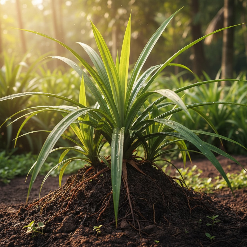 A lush pandan plant with long, bright green leaves grows out of a rich mound of soil in a sunlit garden.