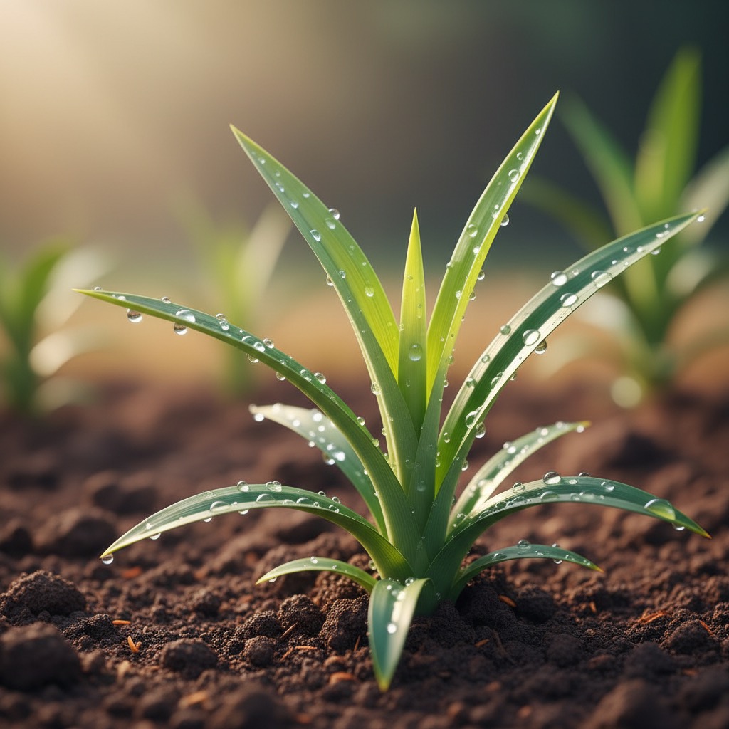 A young green plant with dew-covered leaves grows out of dark soil.